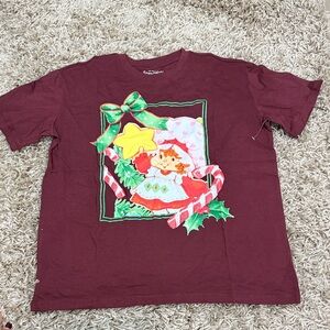 Burgundy Graphic Strawberry Shortcake T-Shirt with Holiday Design